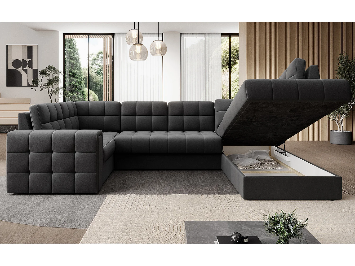 BLOOM panoramische bank in gecapitonneerd fluweel - Opbergruimte en omvormbaar-Kleur Groente-Opslagruimte naar rechts