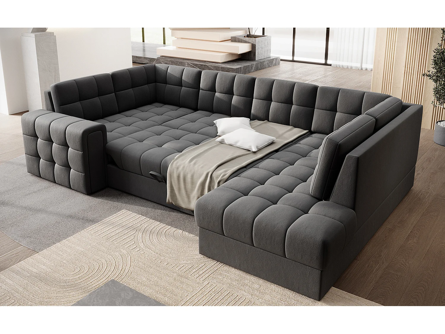 Canapé panoramique BLOOM velours capitonné - Rangement et convertible-Gris souris-Coffre de rangement à gauche