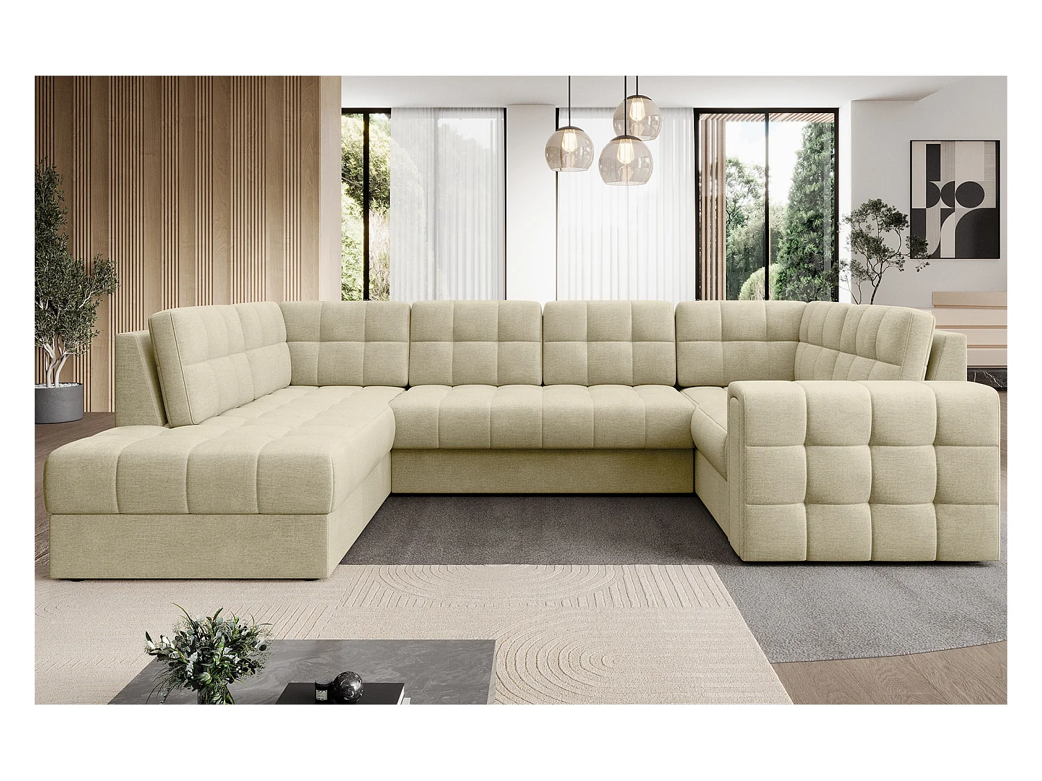 BLOOM panoramische bank in gecapitonneerd fluweel - Opbergruimte en omvormbaar-Kleur Licht beige-Opslagruimte naar links