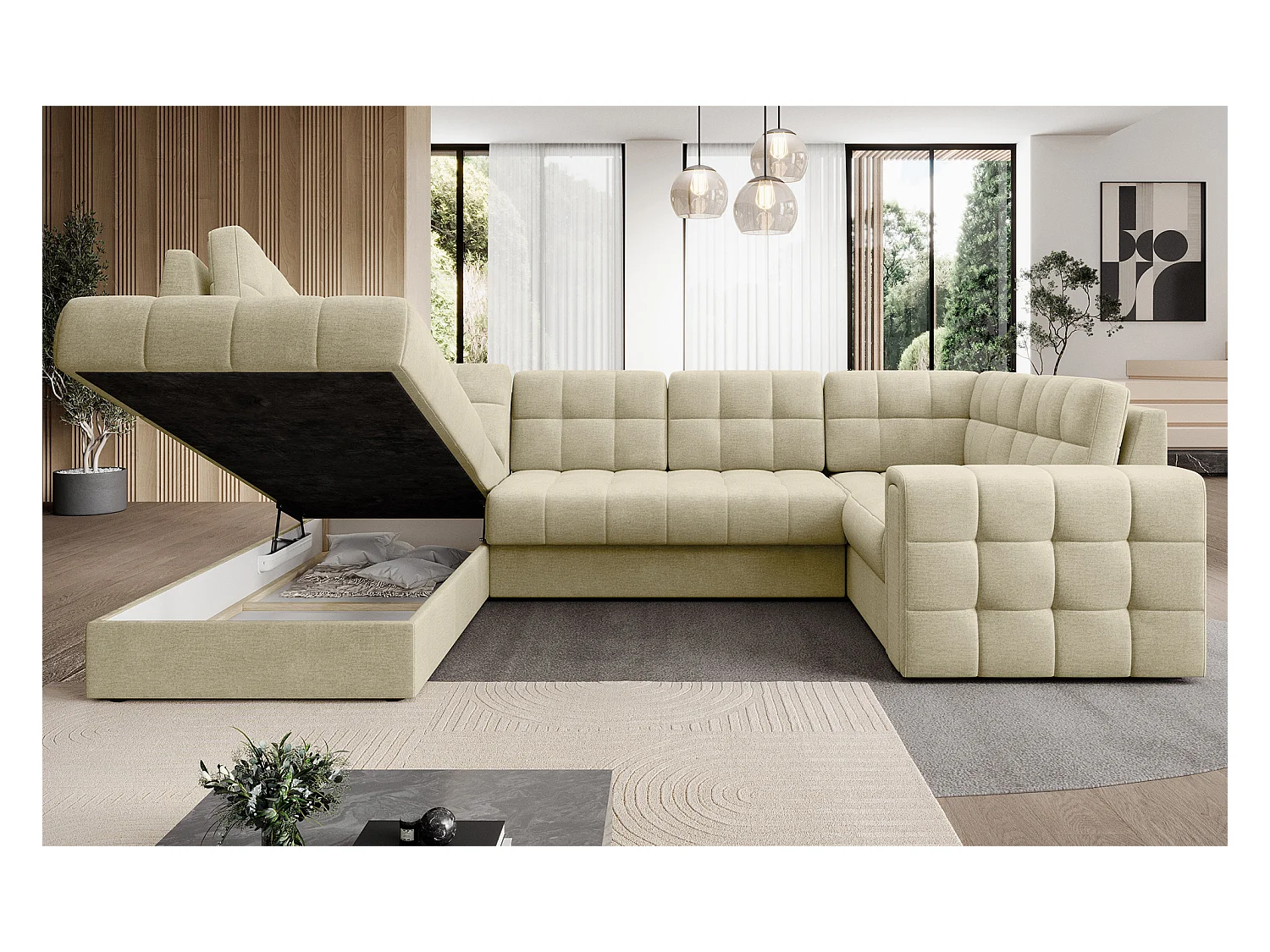 BLOOM panoramische bank in gecapitonneerd fluweel - Opbergruimte en omvormbaar-Kleur Licht beige-Opslagruimte naar links