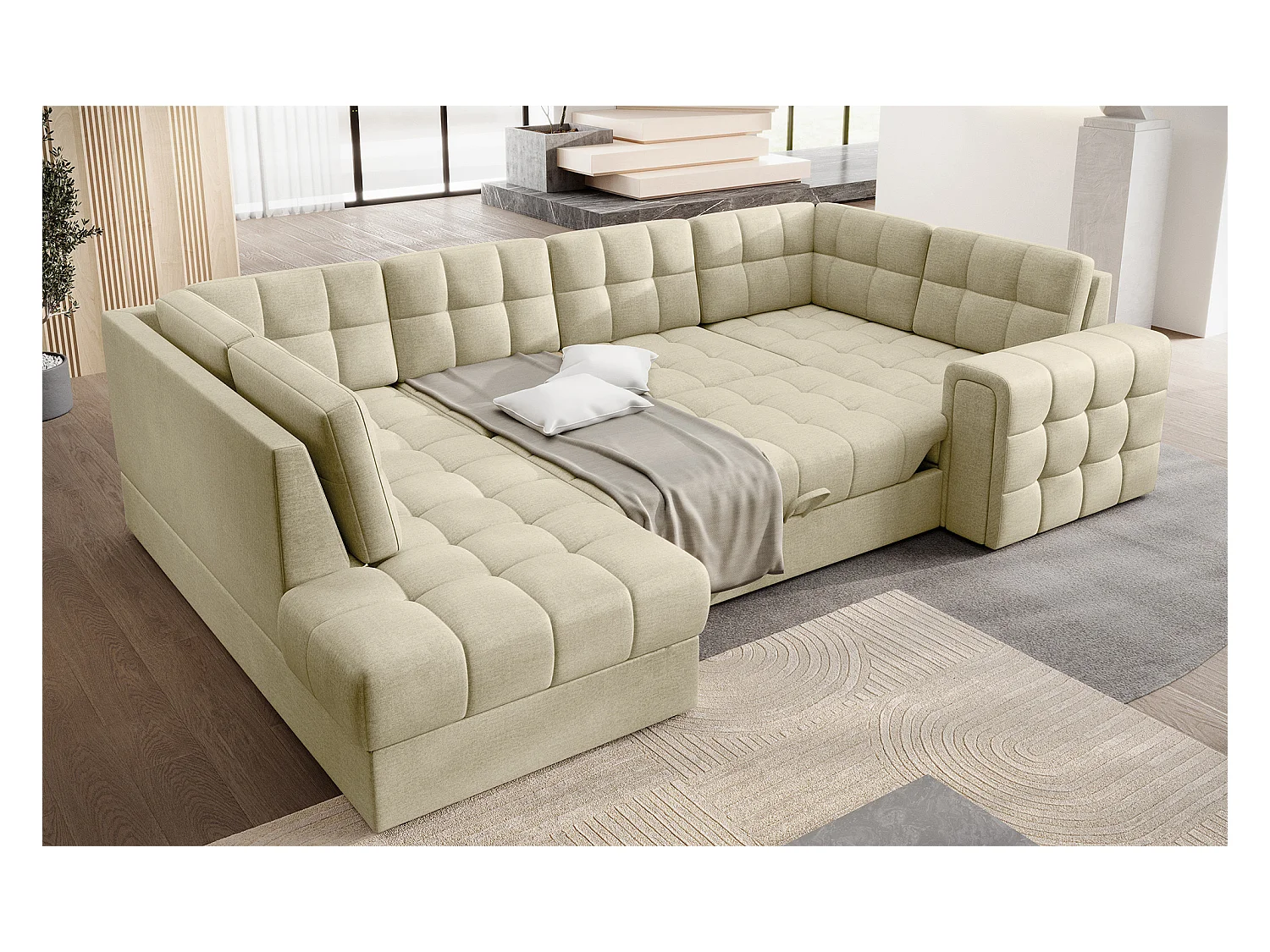 BLOOM panoramische bank in gecapitonneerd fluweel - Opbergruimte en omvormbaar-Kleur Licht beige-Opslagruimte naar links