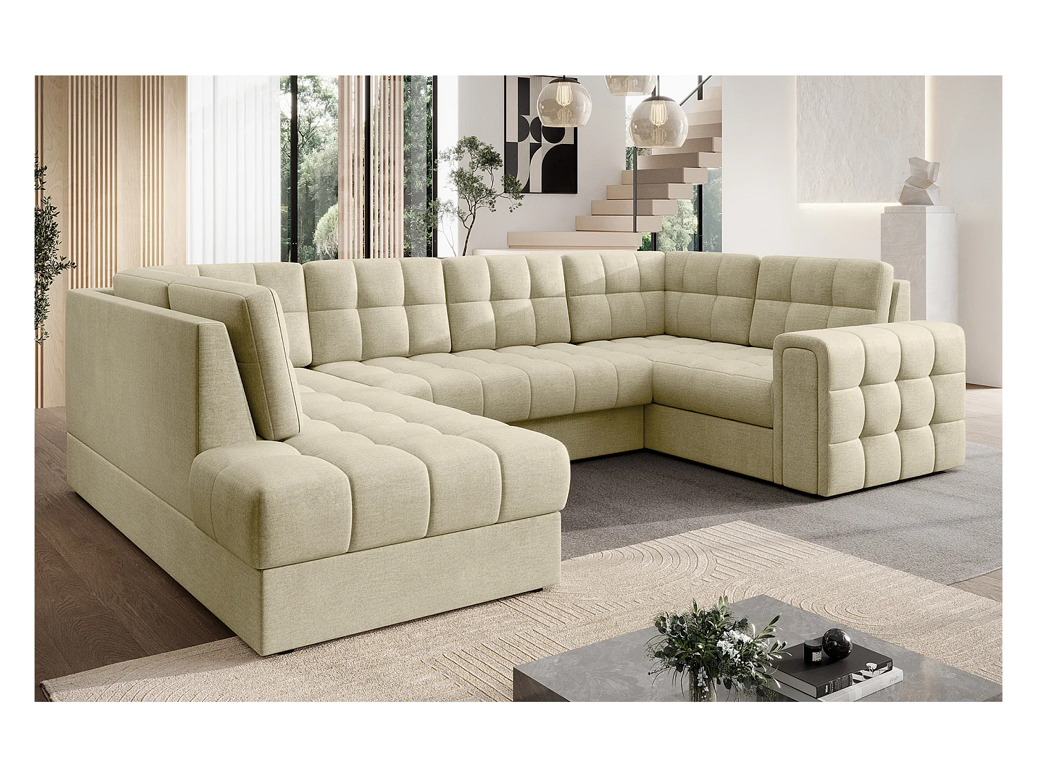 BLOOM panoramische bank in gecapitonneerd fluweel - Opbergruimte en omvormbaar-Kleur Licht beige-Opslagruimte naar links