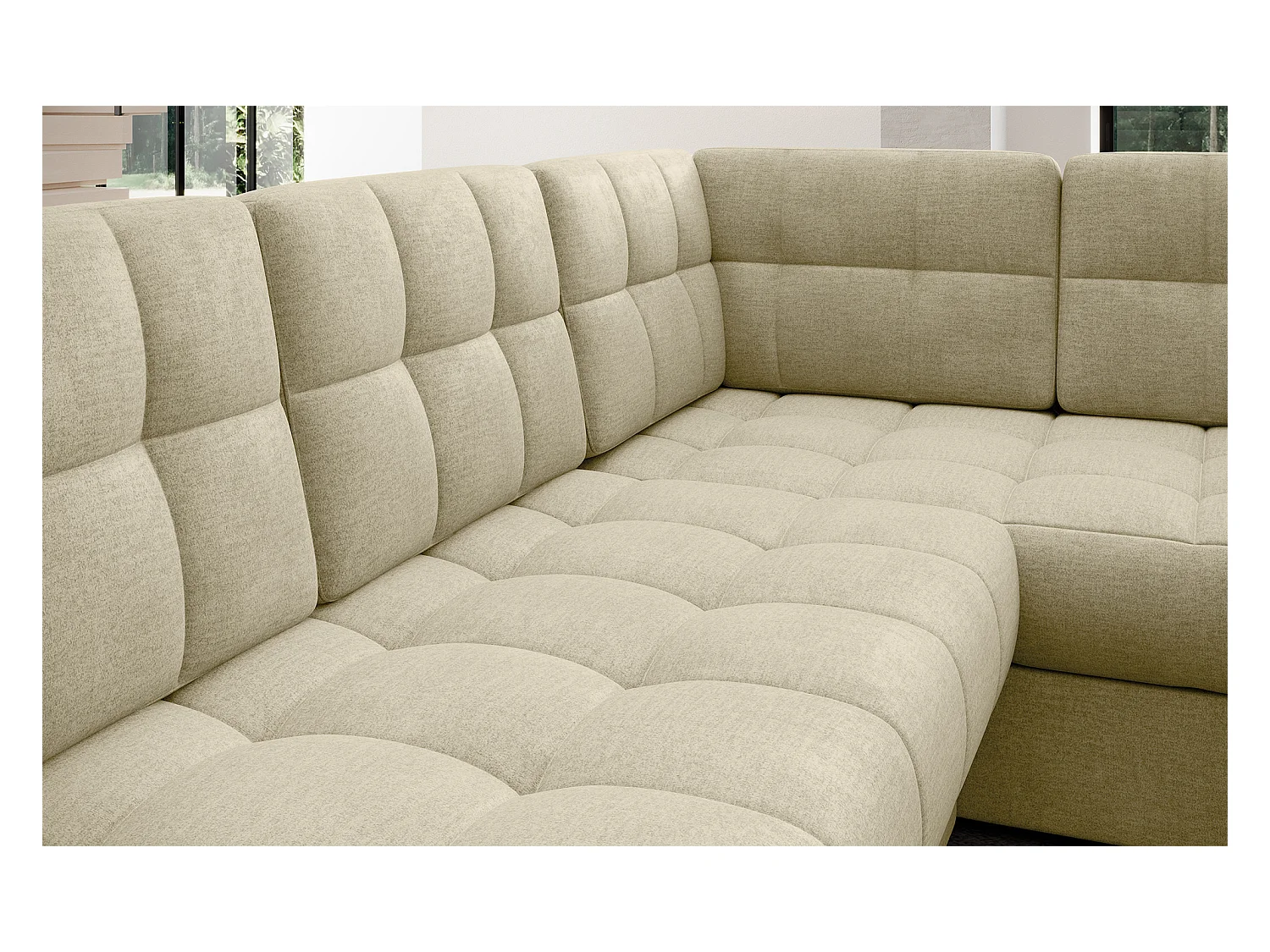 BLOOM panoramische bank in gecapitonneerd fluweel - Opbergruimte en omvormbaar-Kleur Licht beige-Opslagruimte naar links