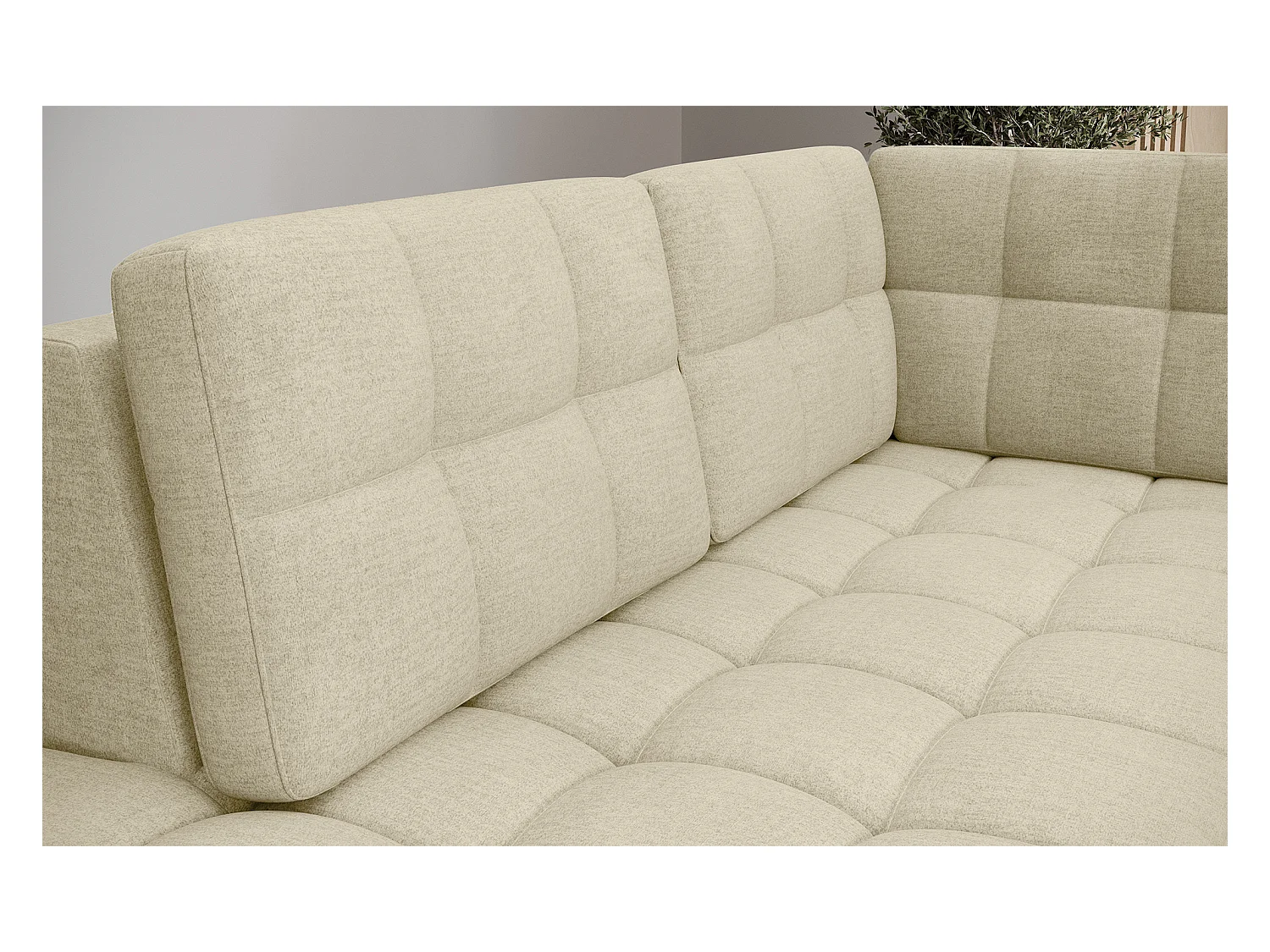 BLOOM panoramische bank in gecapitonneerd fluweel - Opbergruimte en omvormbaar-Kleur Licht beige-Opslagruimte naar links