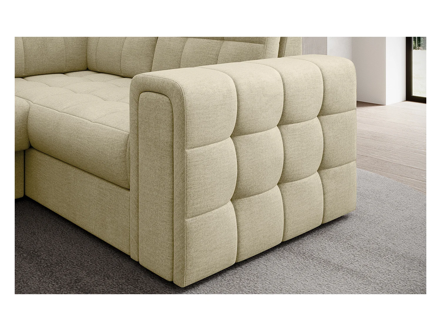 BLOOM panoramische bank in gecapitonneerd fluweel - Opbergruimte en omvormbaar-Kleur Licht beige-Opslagruimte naar links