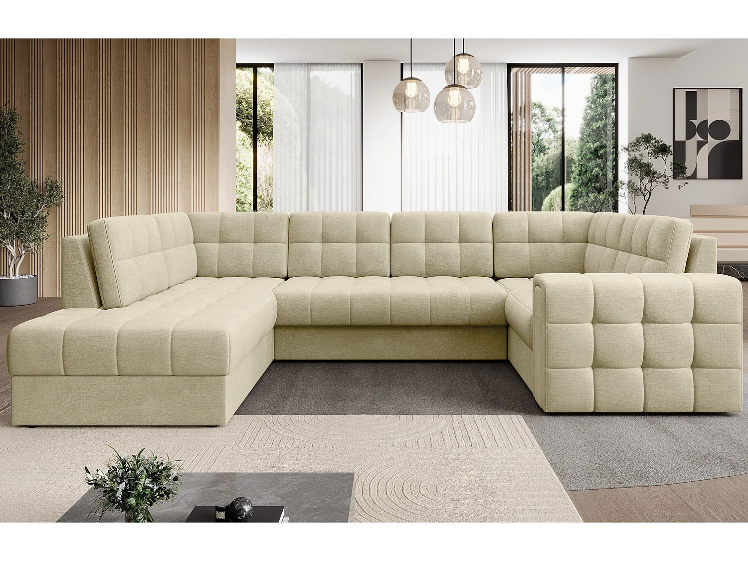 Canapé panoramique BLOOM velours capitonné - Rangement et convertible-Beige clair-Coffre de rangement à gauche