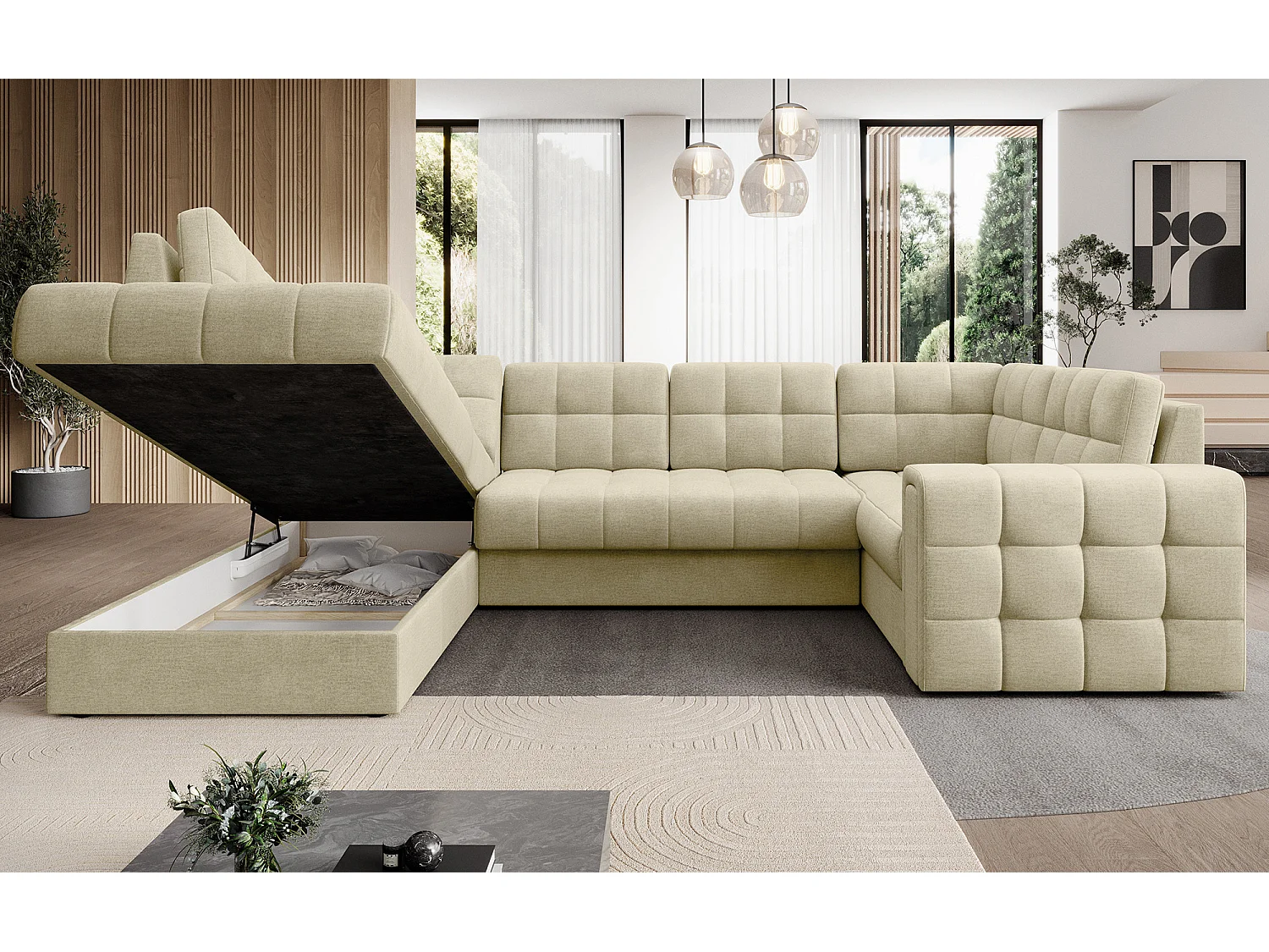 Canapé panoramique BLOOM velours capitonné - Rangement et convertible-Beige clair-Coffre de rangement à gauche