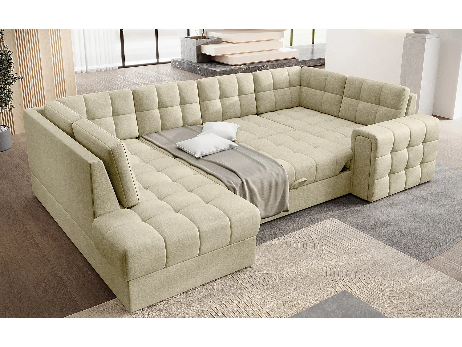 Canapé panoramique BLOOM velours capitonné - Rangement et convertible-Beige clair-Coffre de rangement à gauche