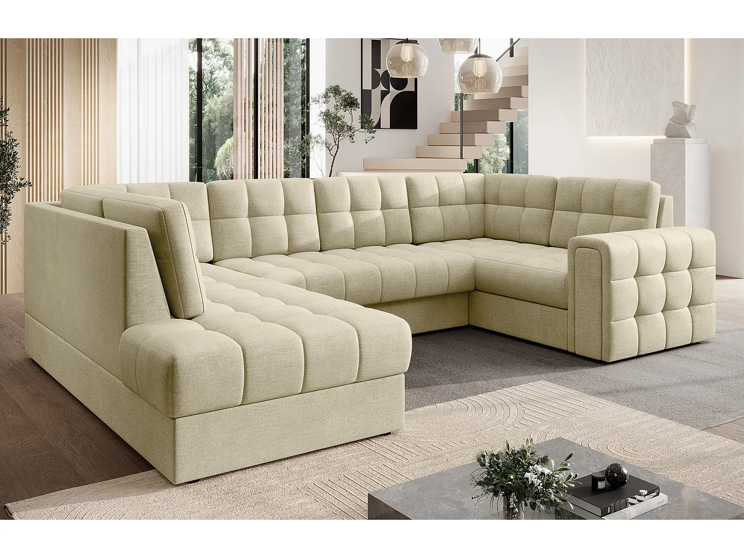 Canapé panoramique BLOOM velours capitonné - Rangement et convertible-Beige clair-Coffre de rangement à gauche