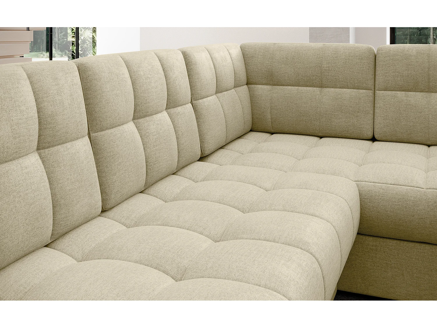 Canapé panoramique BLOOM velours capitonné - Rangement et convertible-Beige clair-Coffre de rangement à gauche