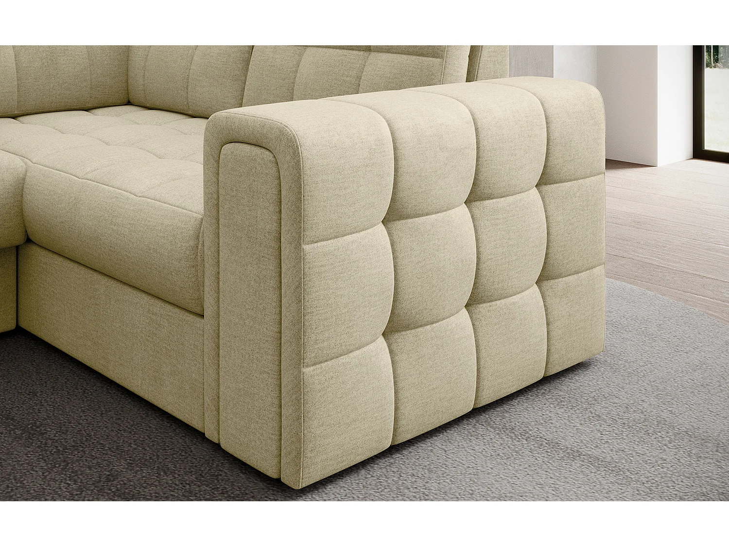 Canapé panoramique BLOOM velours capitonné - Rangement et convertible-Beige clair-Coffre de rangement à gauche