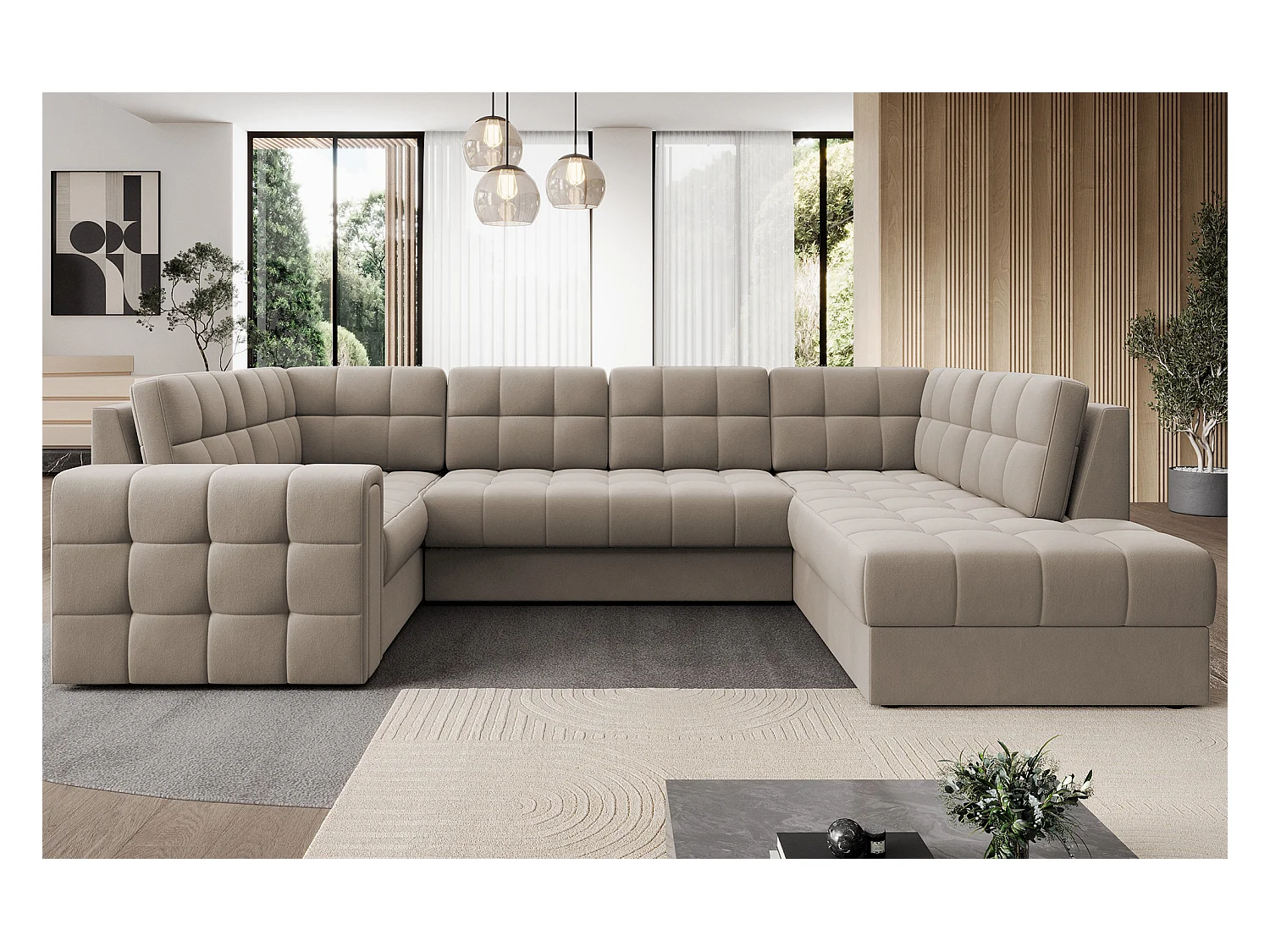 Canapé panoramique BLOOM velours capitonné - Rangement et convertible-Taupe-Coffre de rangement à droite