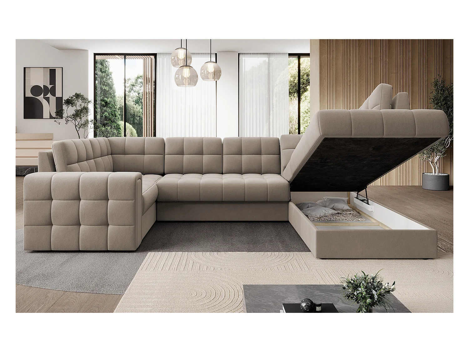 Canapé panoramique BLOOM velours capitonné - Rangement et convertible-Taupe-Coffre de rangement à droite