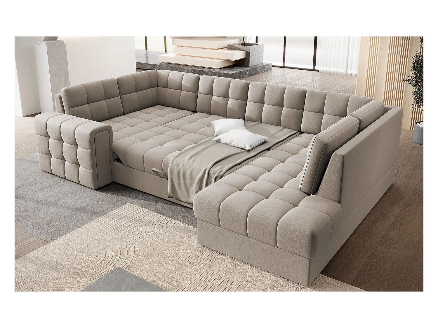 Canapé panoramique BLOOM velours capitonné - Rangement et convertible-Taupe-Coffre de rangement à droite