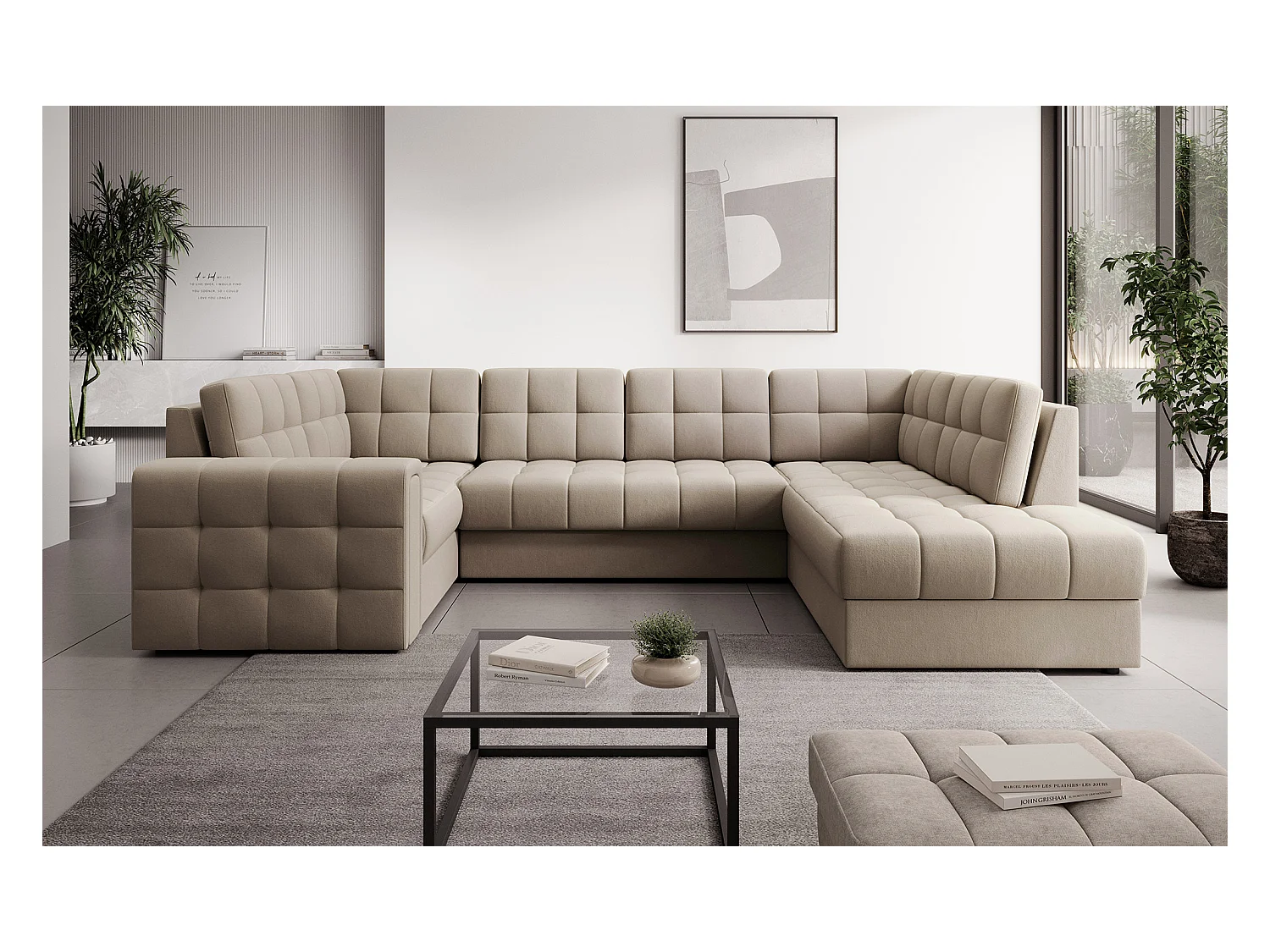 Canapé panoramique BLOOM velours capitonné - Rangement et convertible-Taupe-Coffre de rangement à droite