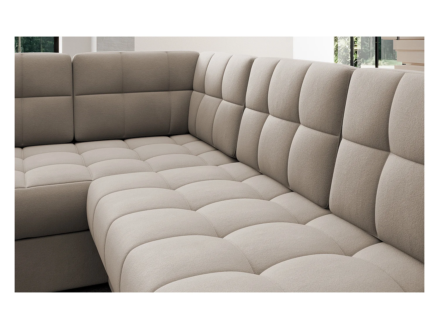 Canapé panoramique BLOOM velours capitonné - Rangement et convertible-Taupe-Coffre de rangement à droite