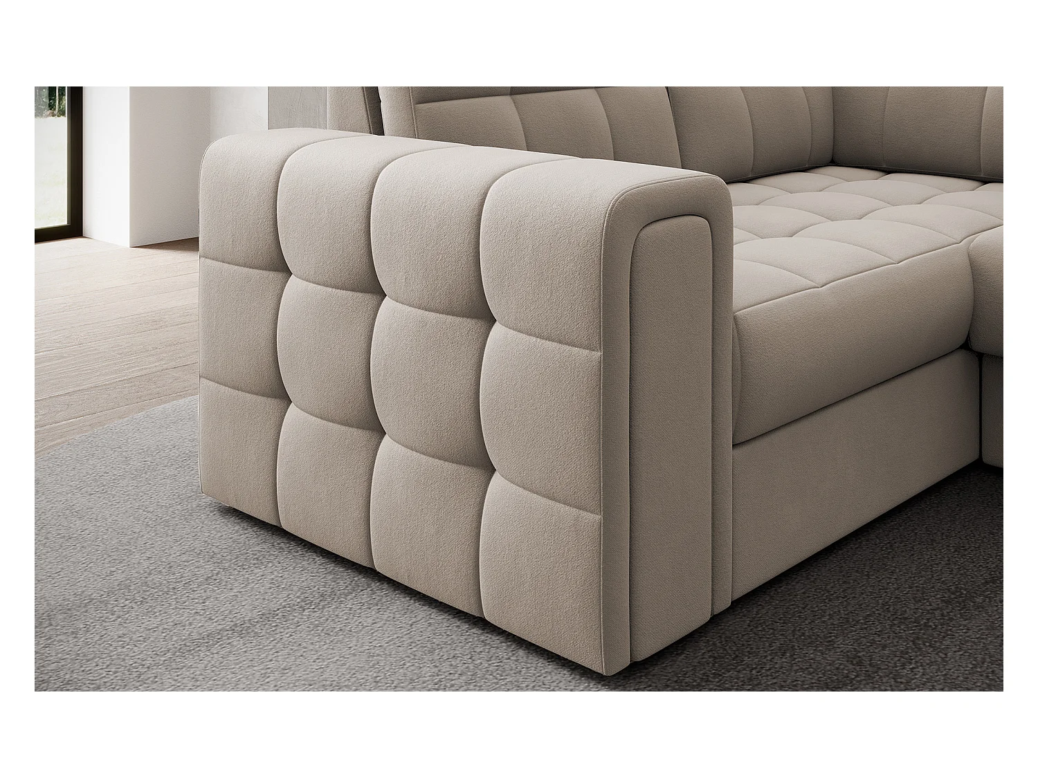 Canapé panoramique BLOOM velours capitonné - Rangement et convertible-Taupe-Coffre de rangement à droite