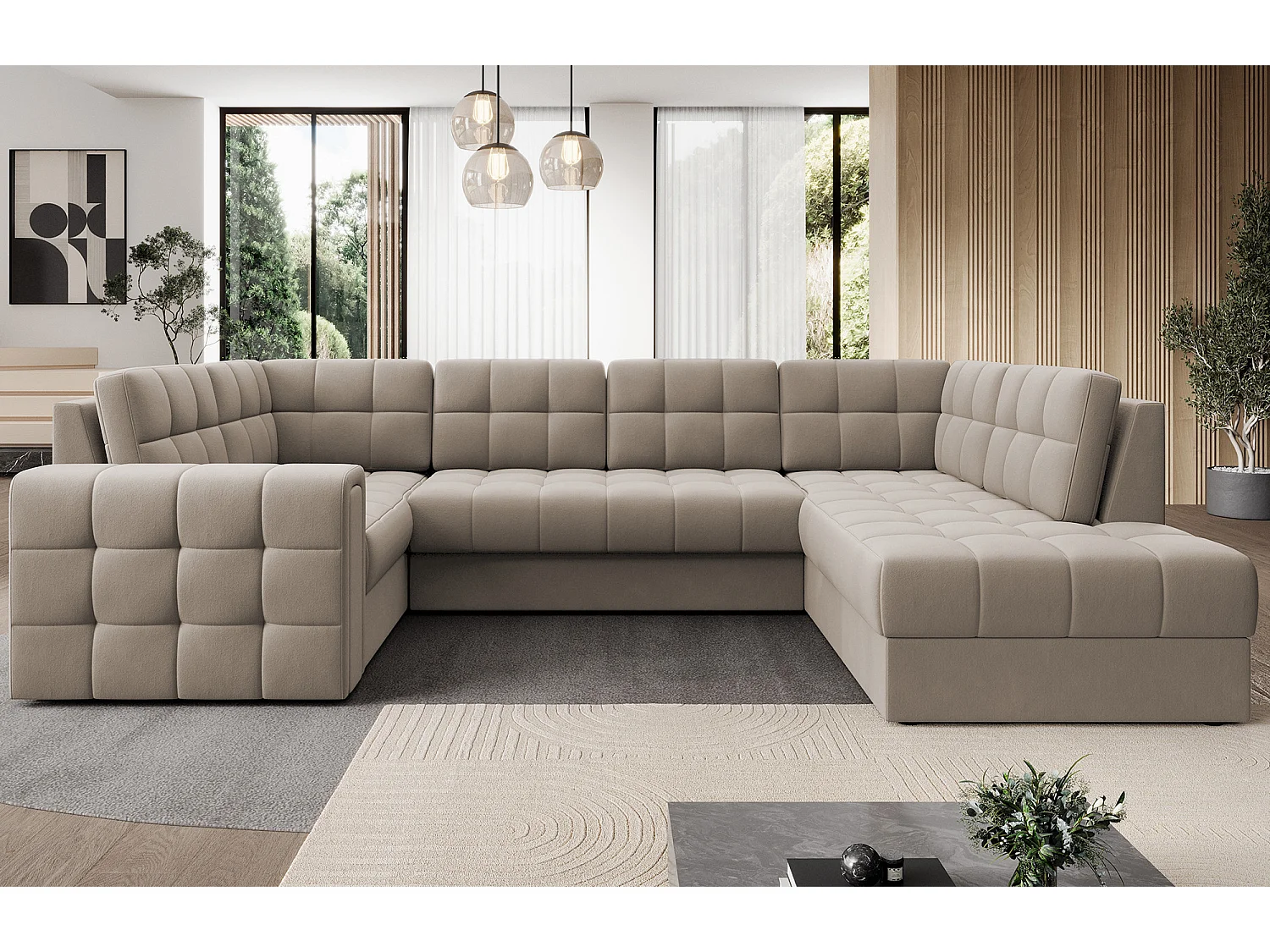 BLOOM panoramische bank in gecapitonneerd fluweel - Opbergruimte en omvormbaar-Kleur Wrat-Opslagruimte naar rechts