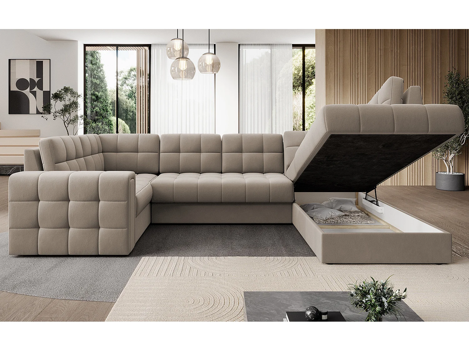 BLOOM panoramische bank in gecapitonneerd fluweel - Opbergruimte en omvormbaar-Kleur Wrat-Opslagruimte naar rechts