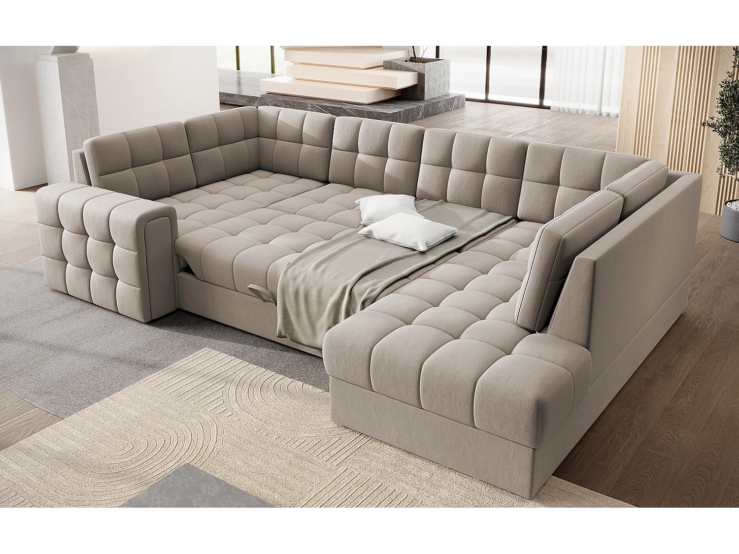 BLOOM panoramische bank in gecapitonneerd fluweel - Opbergruimte en omvormbaar-Kleur Wrat-Opslagruimte naar rechts