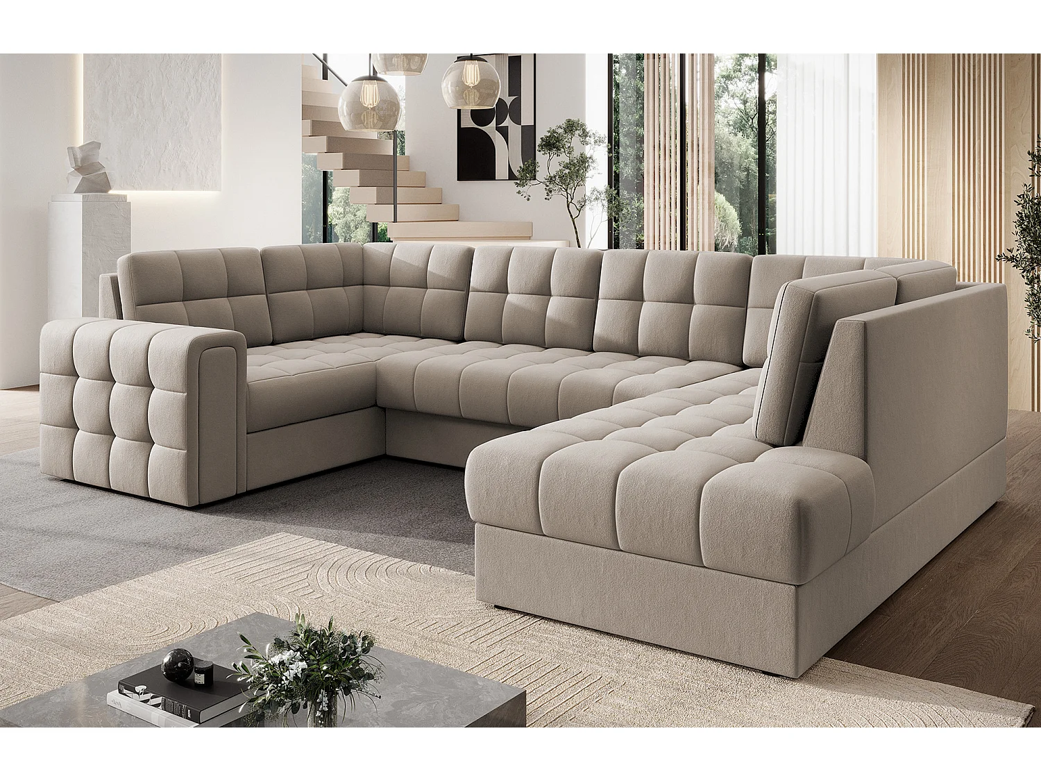 BLOOM panoramische bank in gecapitonneerd fluweel - Opbergruimte en omvormbaar-Kleur Wrat-Opslagruimte naar rechts