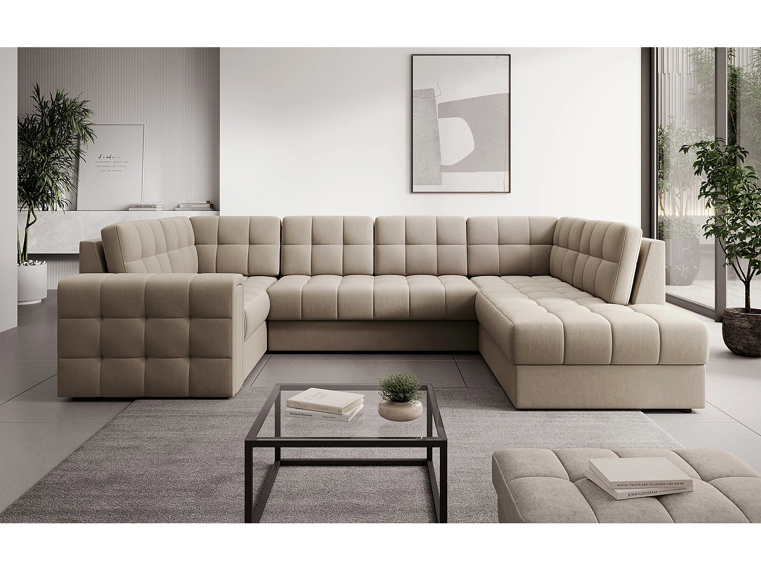 BLOOM panoramische bank in gecapitonneerd fluweel - Opbergruimte en omvormbaar-Kleur Wrat-Opslagruimte naar rechts