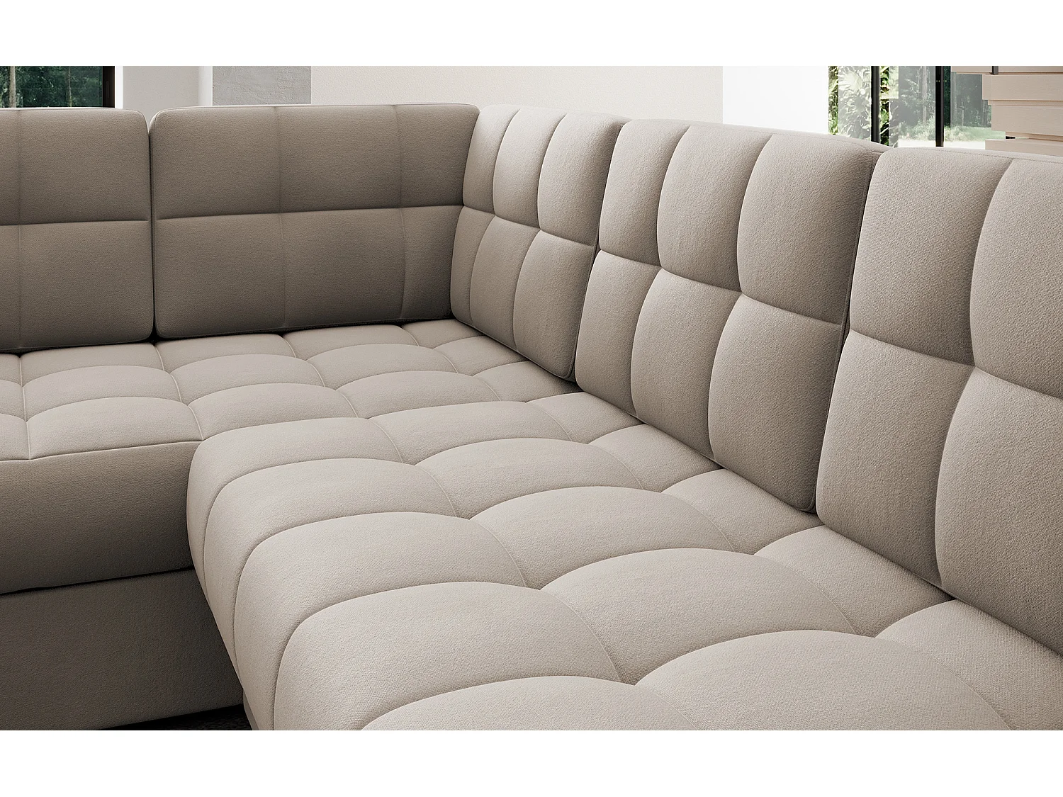 BLOOM panoramische bank in gecapitonneerd fluweel - Opbergruimte en omvormbaar-Kleur Wrat-Opslagruimte naar rechts