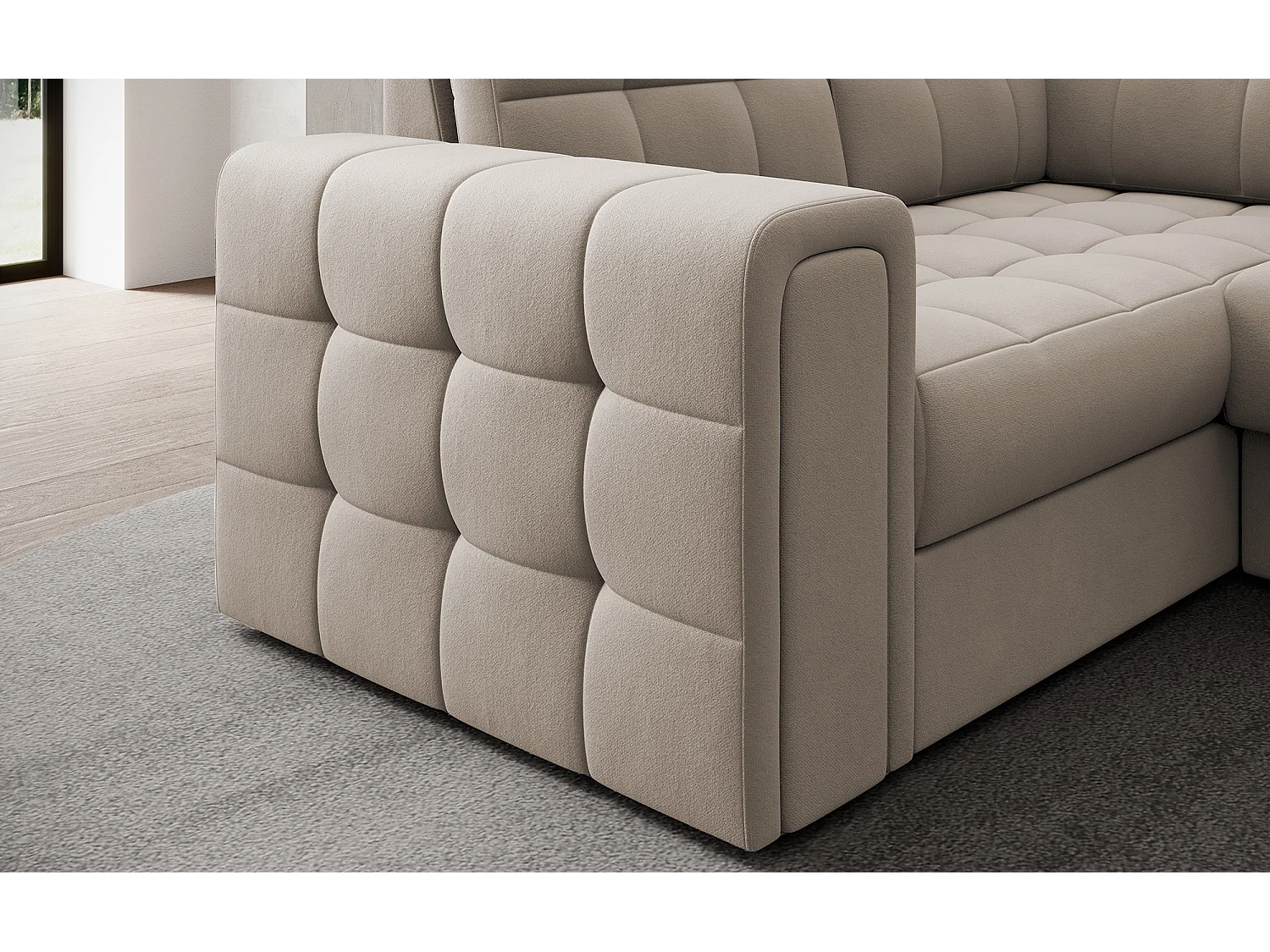 BLOOM panoramische bank in gecapitonneerd fluweel - Opbergruimte en omvormbaar-Kleur Wrat-Opslagruimte naar rechts