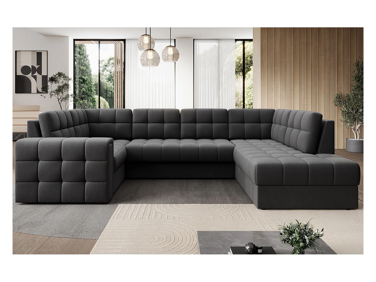 Canapé panoramique BLOOM velours capitonné - Rangement et convertible-Gris foncé-Coffre de rangement à droite