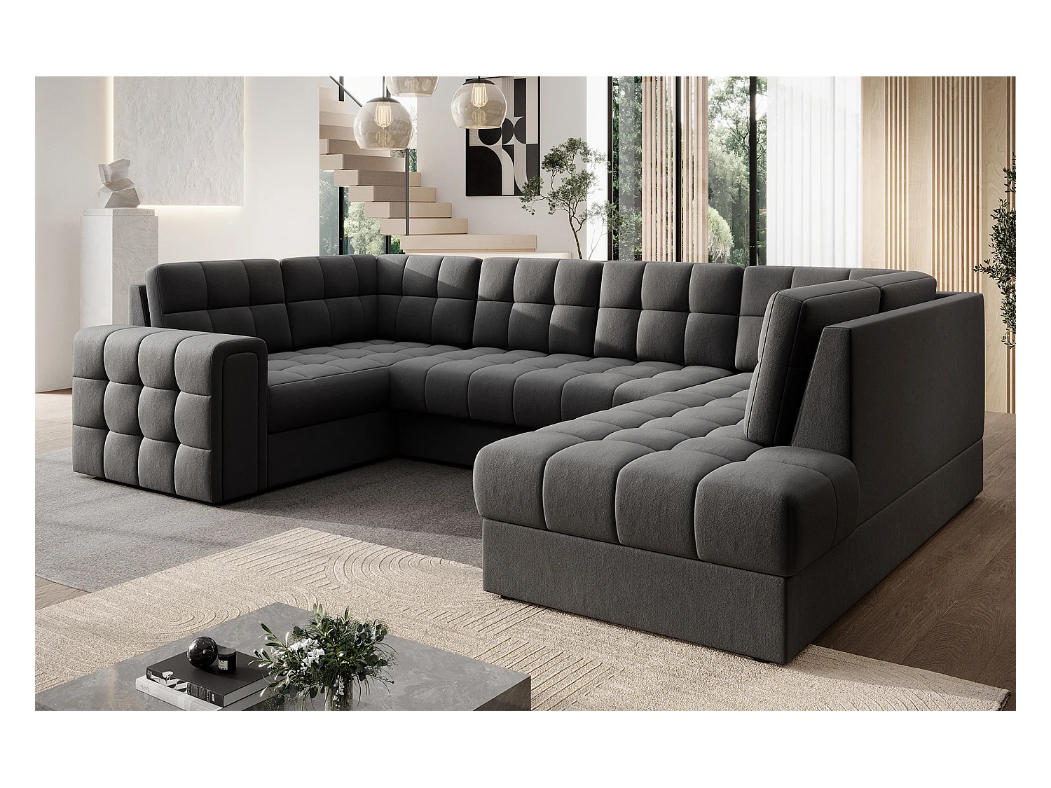 Canapé panoramique BLOOM velours capitonné - Rangement et convertible-Gris foncé-Coffre de rangement à droite