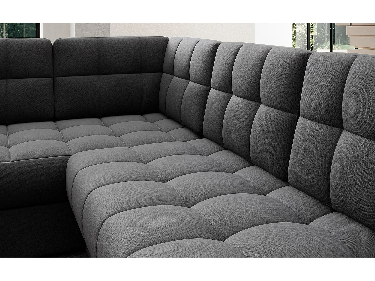 Canapé panoramique BLOOM velours capitonné - Rangement et convertible-Gris foncé-Coffre de rangement à droite