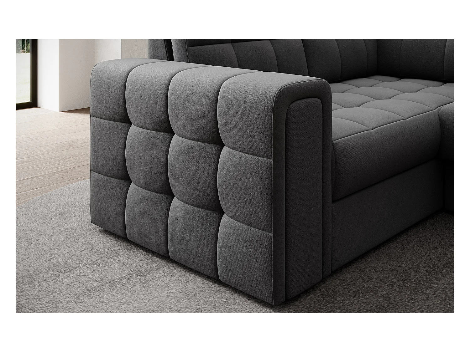 Canapé panoramique BLOOM velours capitonné - Rangement et convertible-Gris foncé-Coffre de rangement à droite