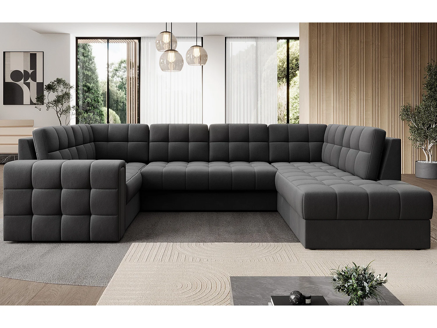 Canapé panoramique BLOOM velours capitonné - Rangement et convertible-Gris foncé-Coffre de rangement à droite