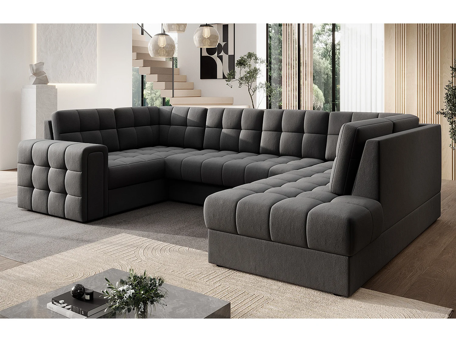 Canapé panoramique BLOOM velours capitonné - Rangement et convertible-Gris foncé-Coffre de rangement à droite
