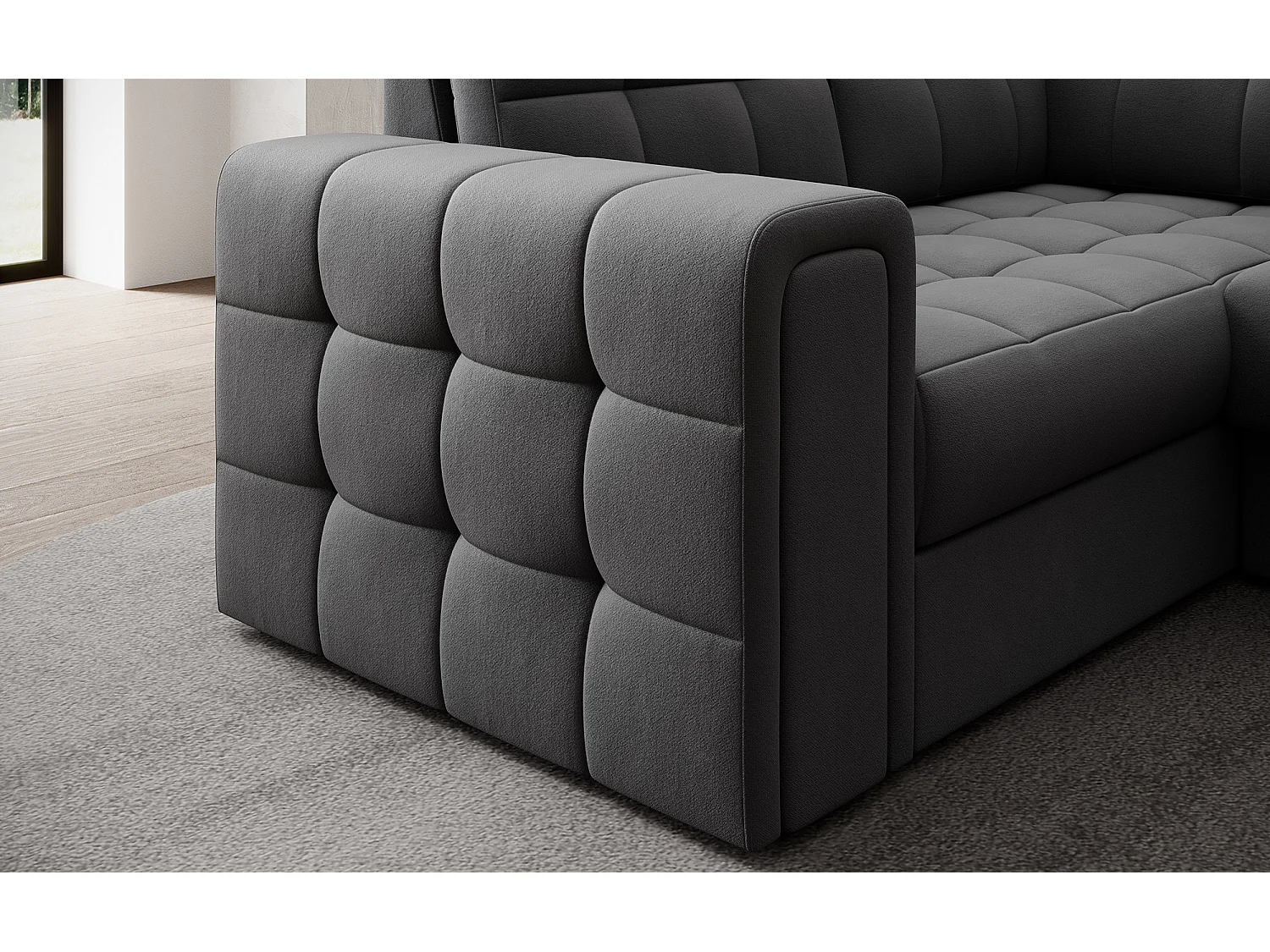 Canapé panoramique BLOOM velours capitonné - Rangement et convertible-Gris foncé-Coffre de rangement à droite