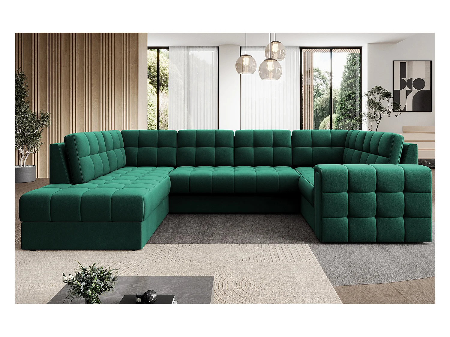 BLOOM panoramische bank in gecapitonneerd fluweel - Opbergruimte en omvormbaar-Kleur Groente-Opslagruimte naar links