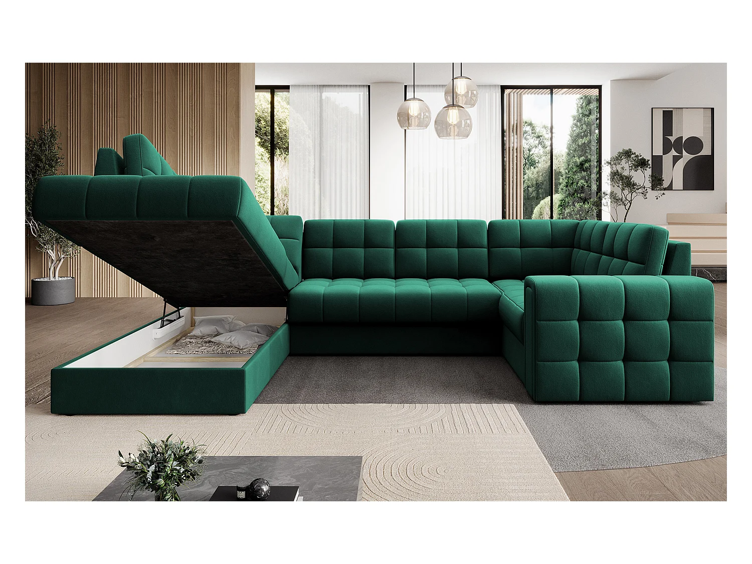 BLOOM panoramische bank in gecapitonneerd fluweel - Opbergruimte en omvormbaar-Kleur Groente-Opslagruimte naar links