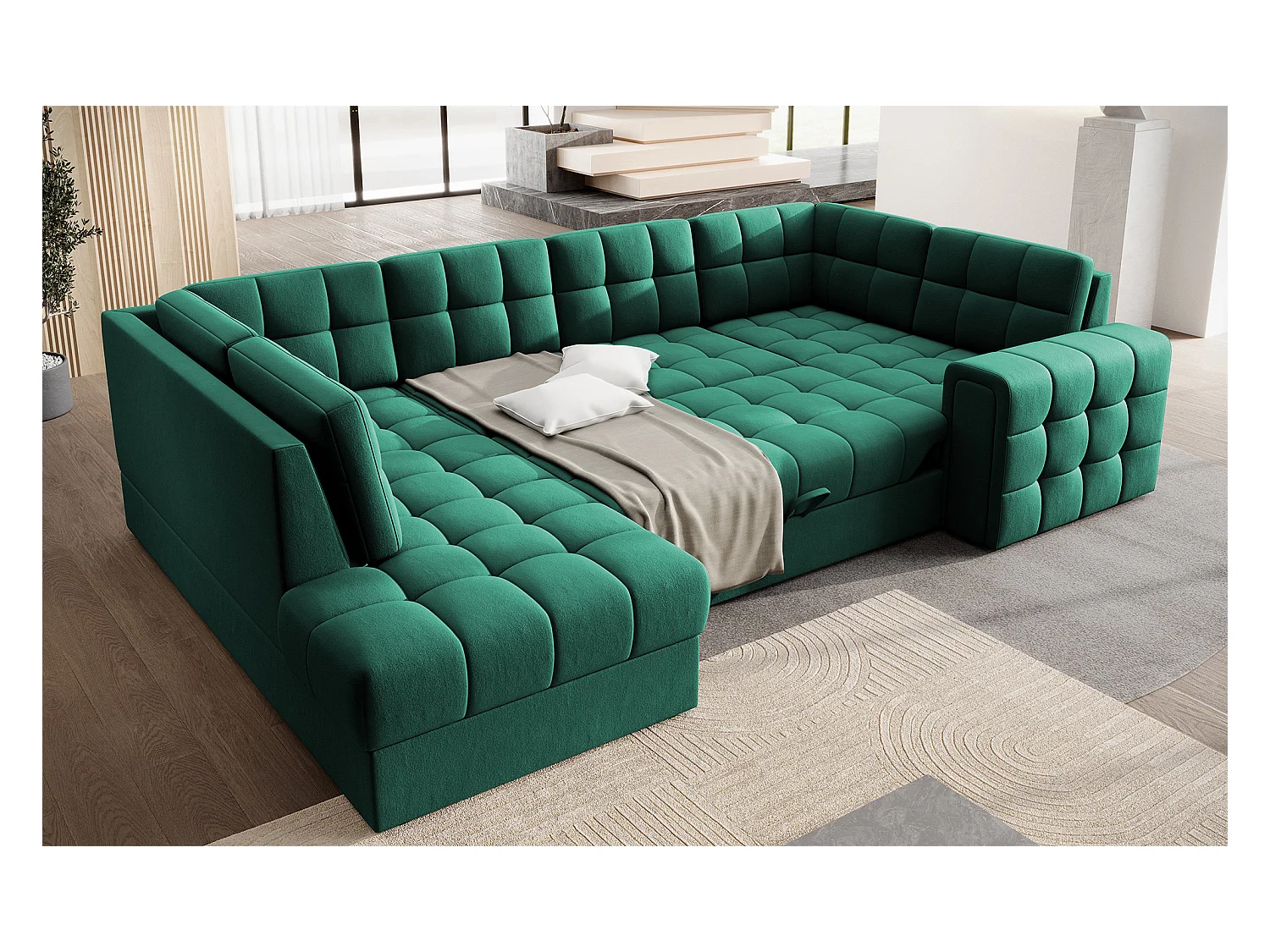 BLOOM panoramische bank in gecapitonneerd fluweel - Opbergruimte en omvormbaar-Kleur Groente-Opslagruimte naar links