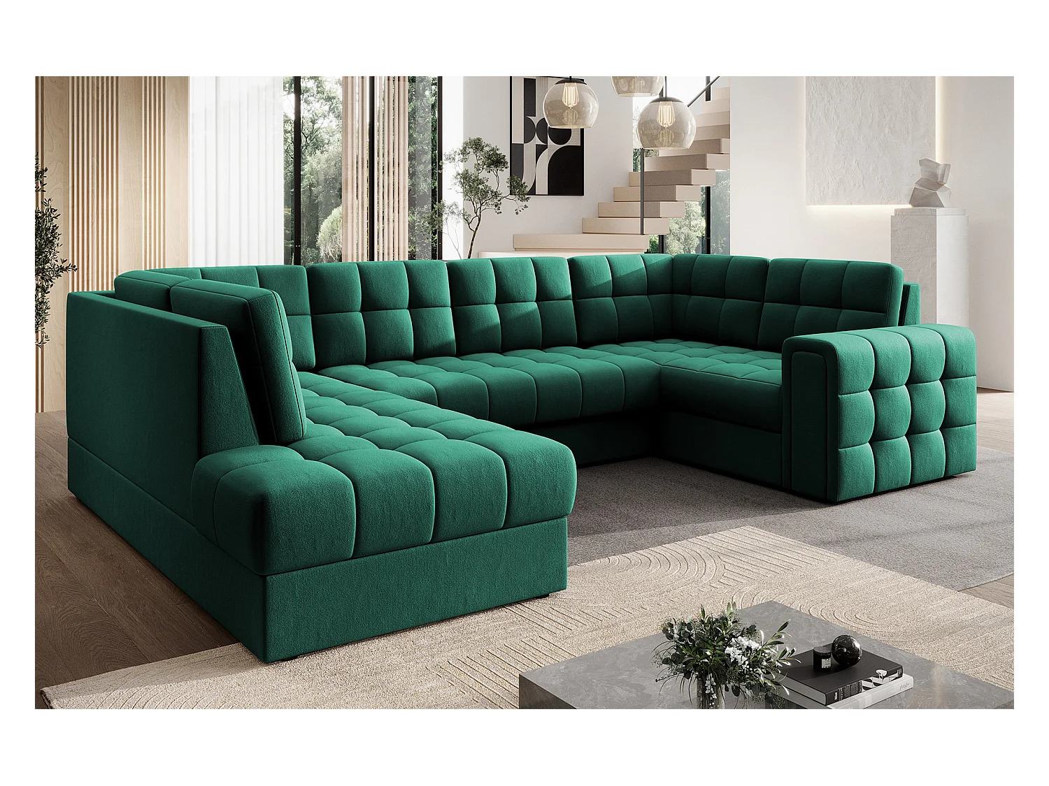 BLOOM panoramische bank in gecapitonneerd fluweel - Opbergruimte en omvormbaar-Kleur Groente-Opslagruimte naar links