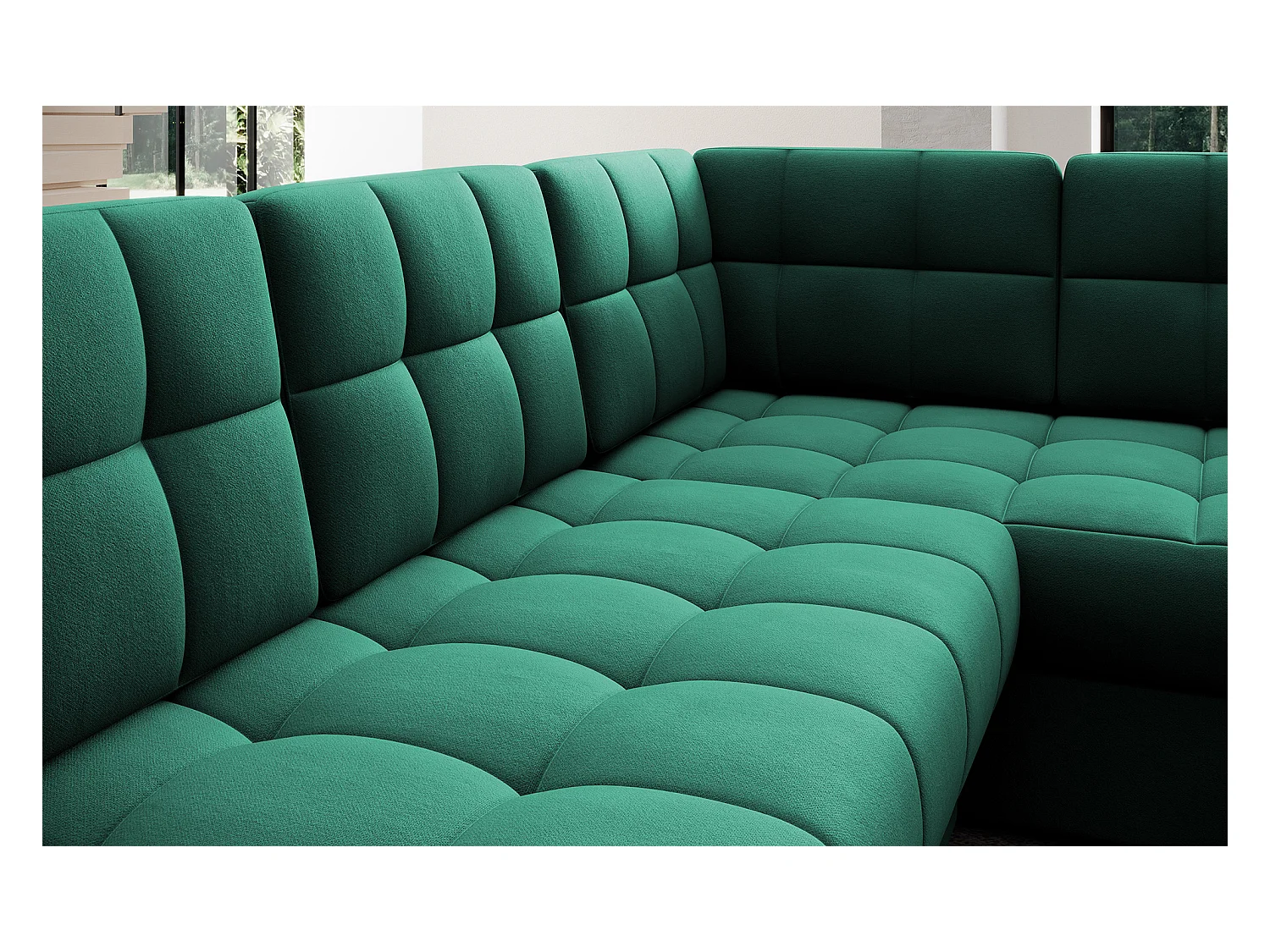 BLOOM panoramische bank in gecapitonneerd fluweel - Opbergruimte en omvormbaar-Kleur Groente-Opslagruimte naar links