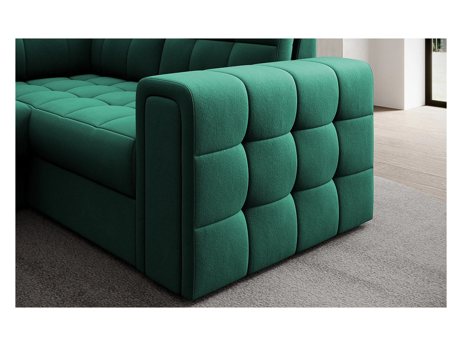 BLOOM panoramische bank in gecapitonneerd fluweel - Opbergruimte en omvormbaar-Kleur Groente-Opslagruimte naar links