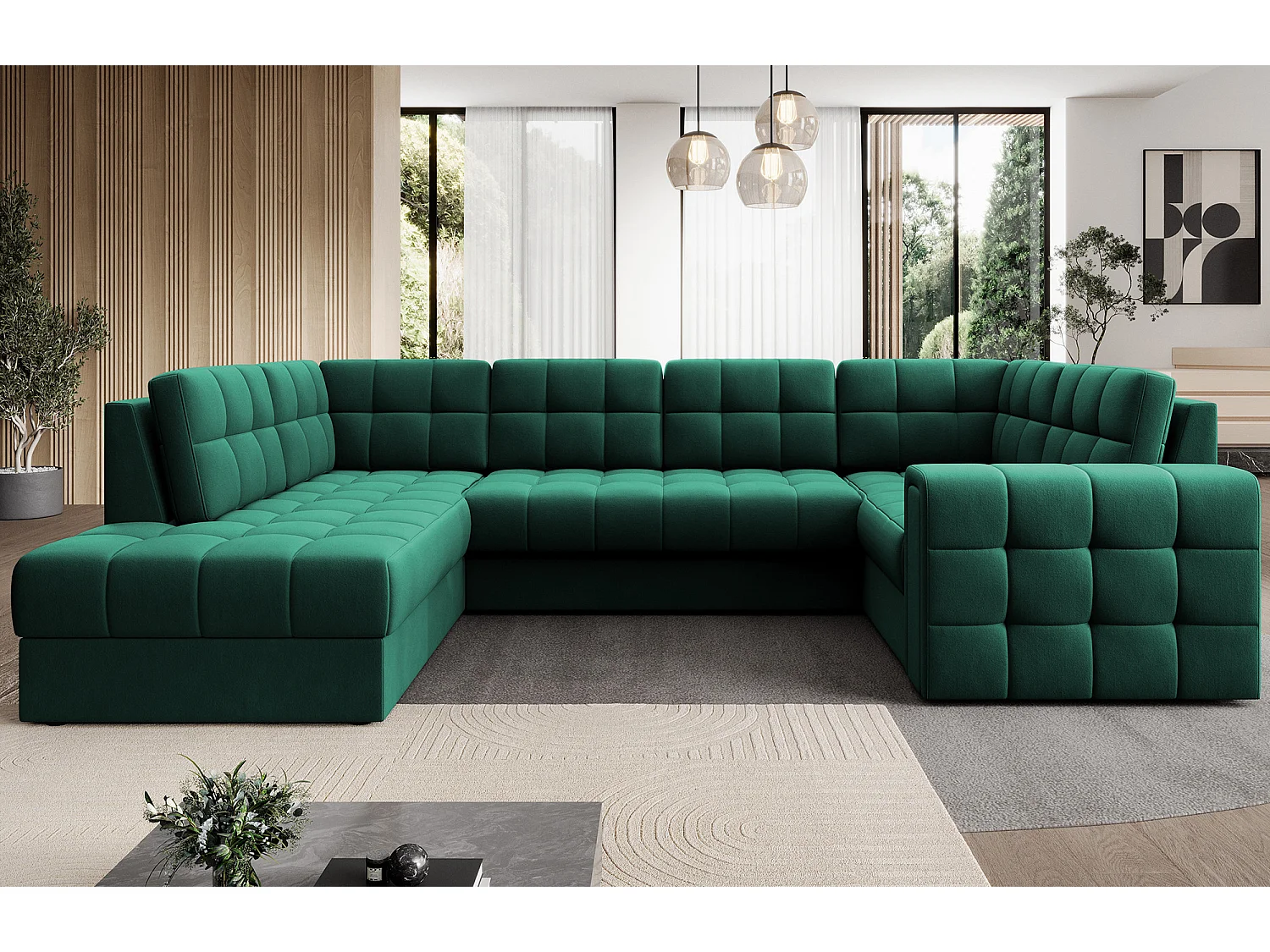 Canapé panoramique BLOOM velours capitonné - Rangement et convertible-Vert-Coffre de rangement à gauche