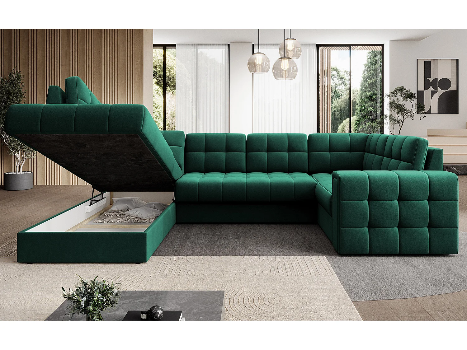 Canapé panoramique BLOOM velours capitonné - Rangement et convertible-Vert-Coffre de rangement à gauche