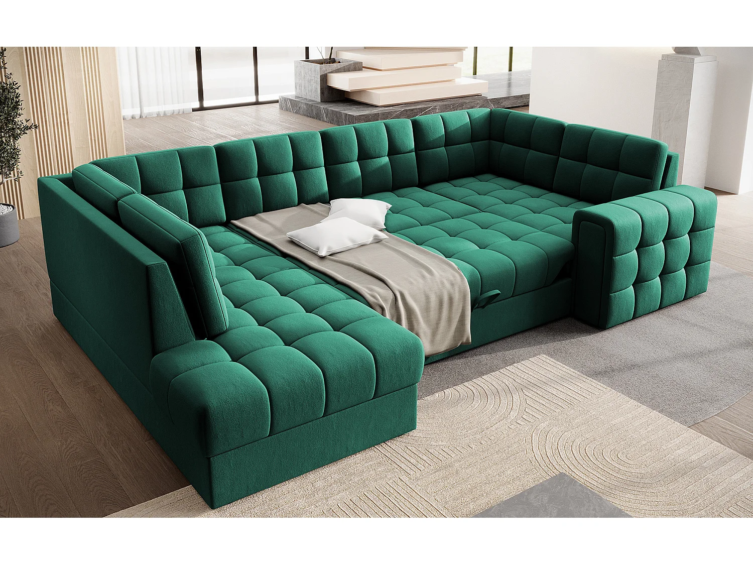 Canapé panoramique BLOOM velours capitonné - Rangement et convertible-Vert-Coffre de rangement à gauche