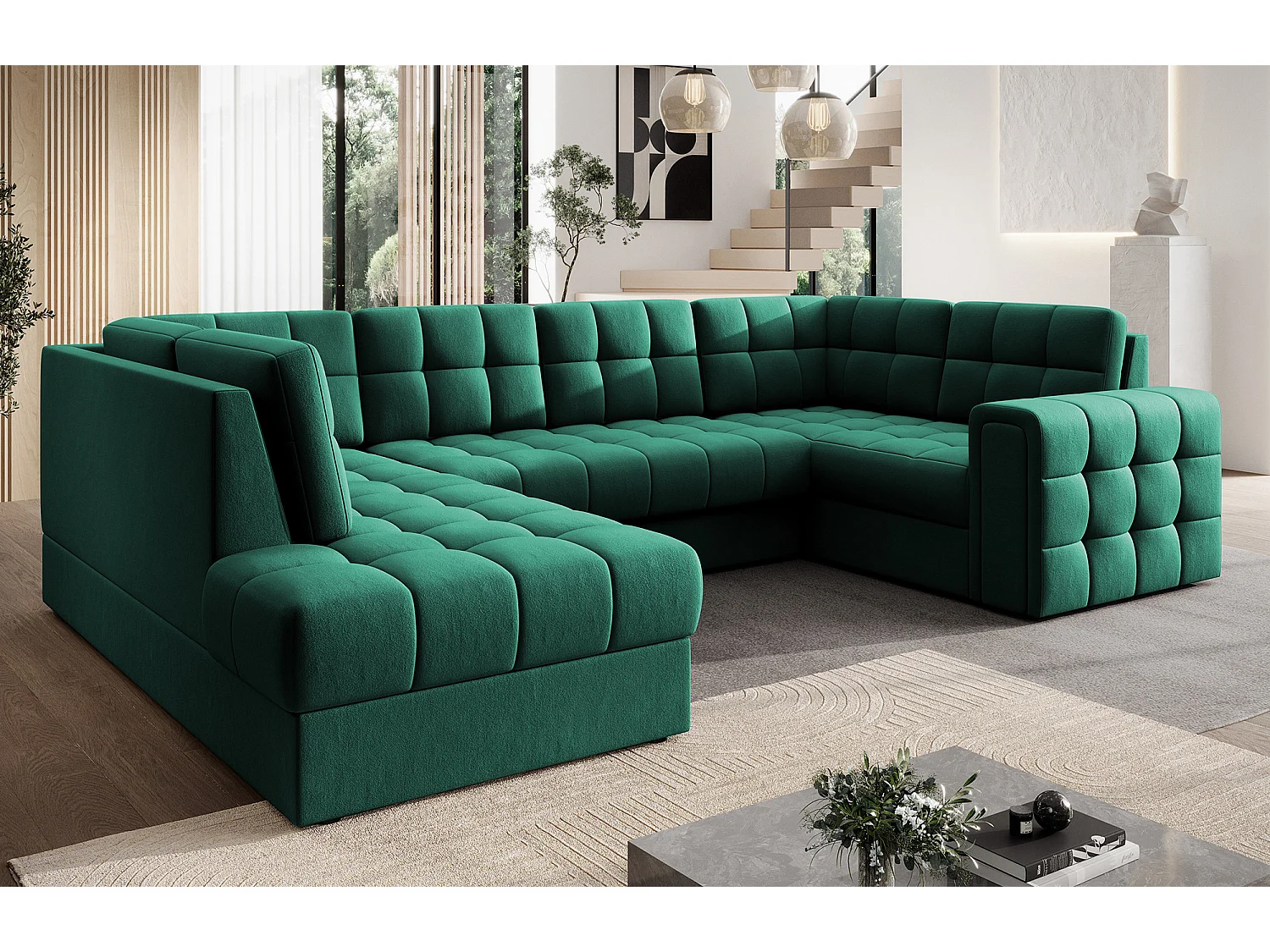 Canapé panoramique BLOOM velours capitonné - Rangement et convertible-Vert-Coffre de rangement à gauche