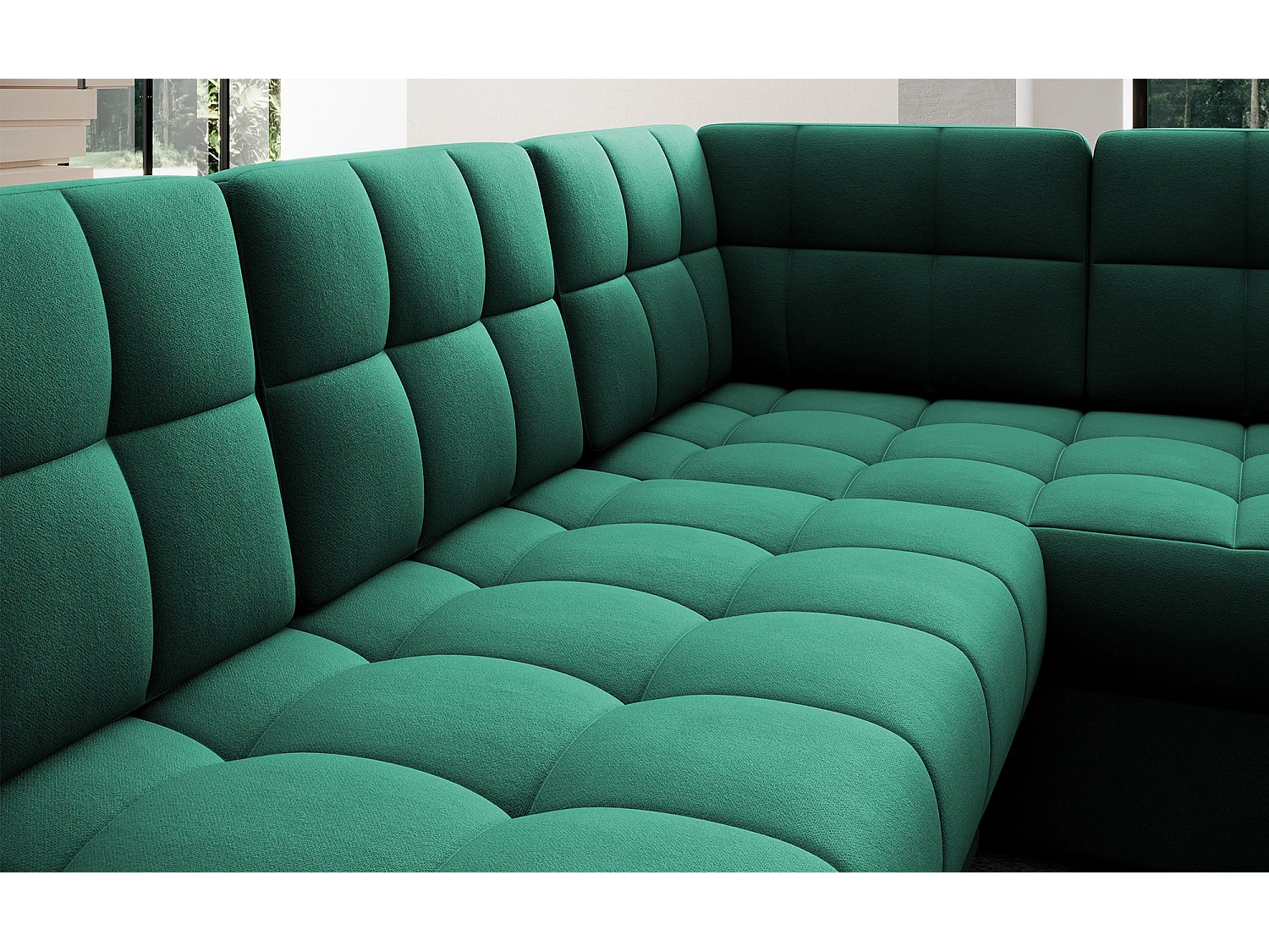 Canapé panoramique BLOOM velours capitonné - Rangement et convertible-Vert-Coffre de rangement à gauche