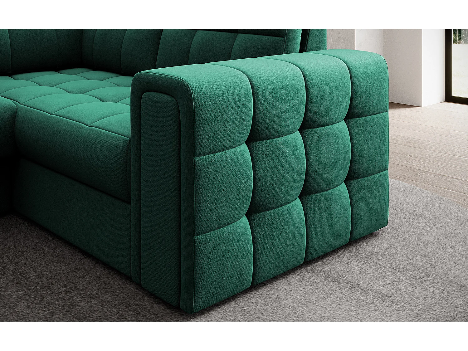 Canapé panoramique BLOOM velours capitonné - Rangement et convertible-Vert-Coffre de rangement à gauche