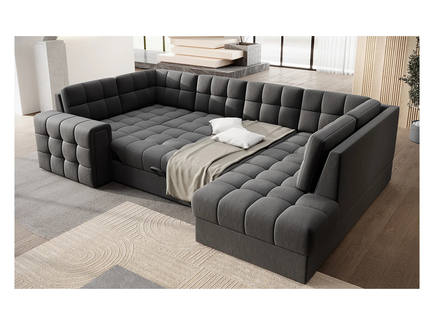 BLOOM panoramische bank in gecapitonneerd fluweel - Opbergruimte en omvormbaar-Kleur Muis grijs-Opslagruimte naar rechts