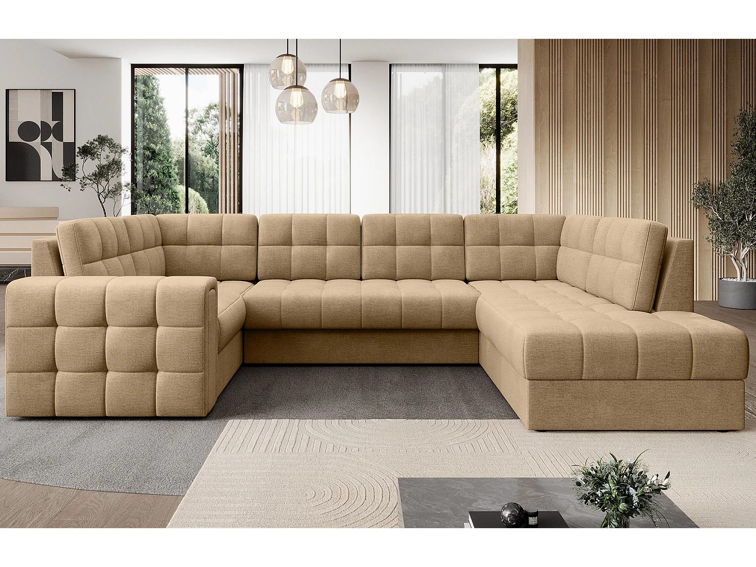 Espace séjour Ariane UR/fonction couchage/coffre-lit/revêtement tissu/Beige