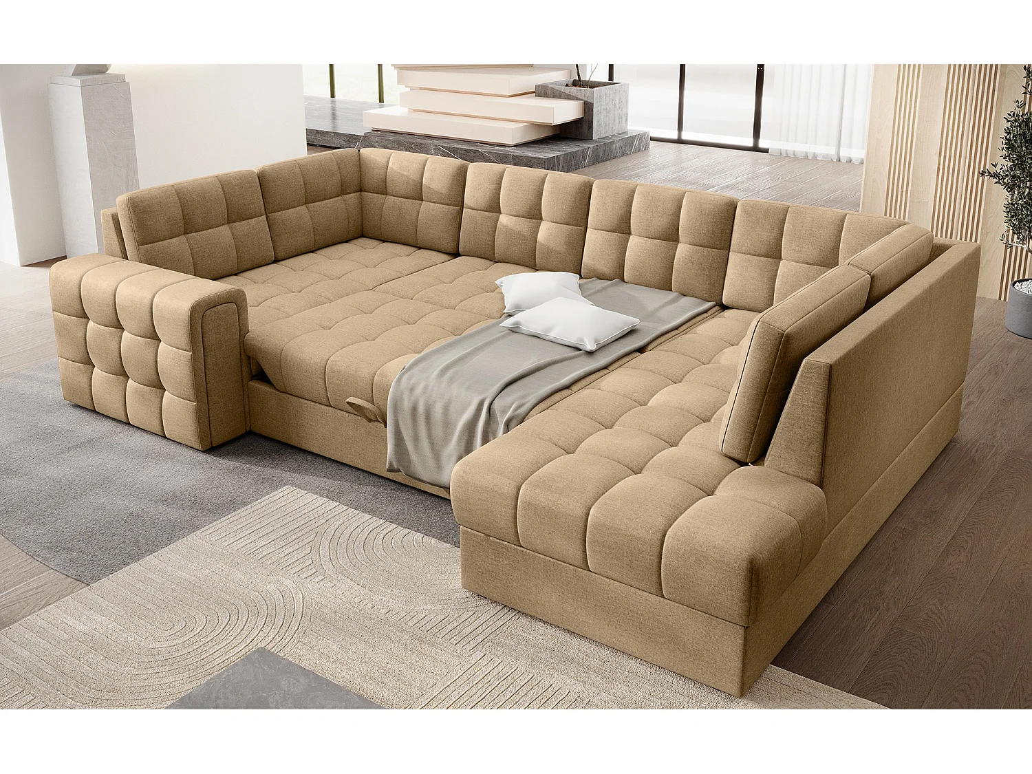 Espace séjour Ariane UR/fonction couchage/coffre-lit/revêtement tissu/Beige